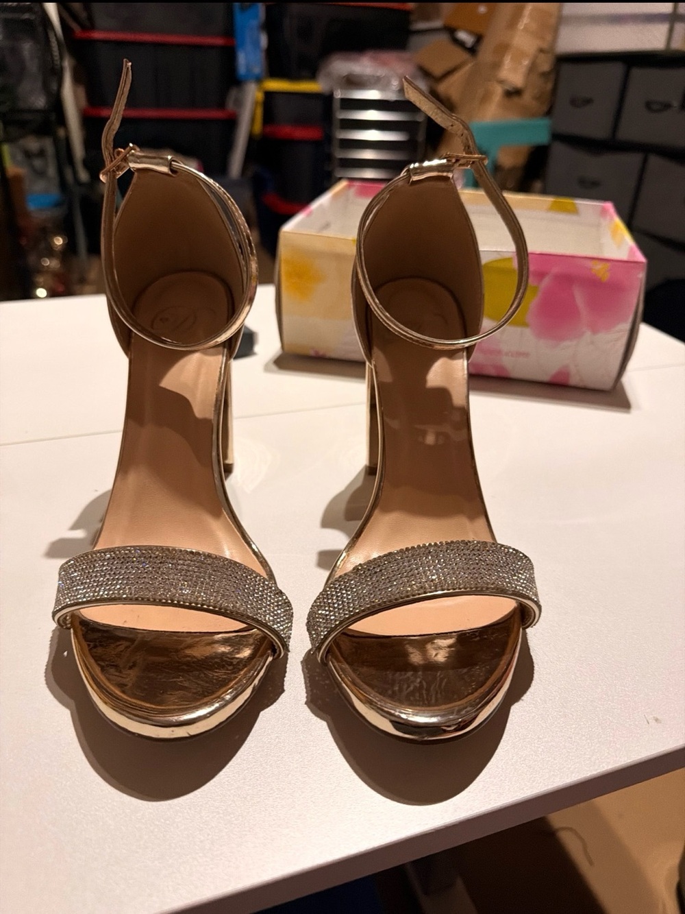 Gold Crystal Ankle-Strap High Heel Sandals - Women